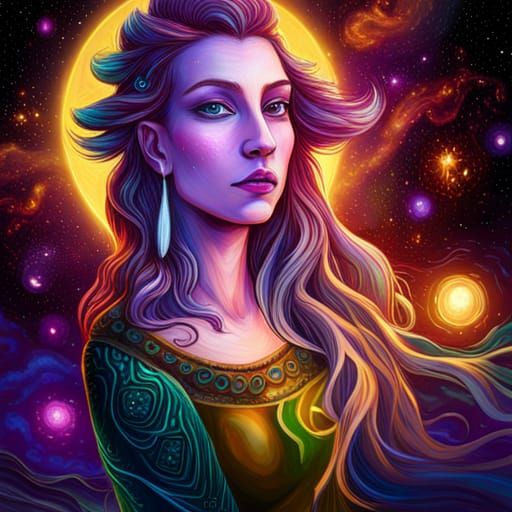 Beautiful Witch Casts a Spell: Astral Illustration