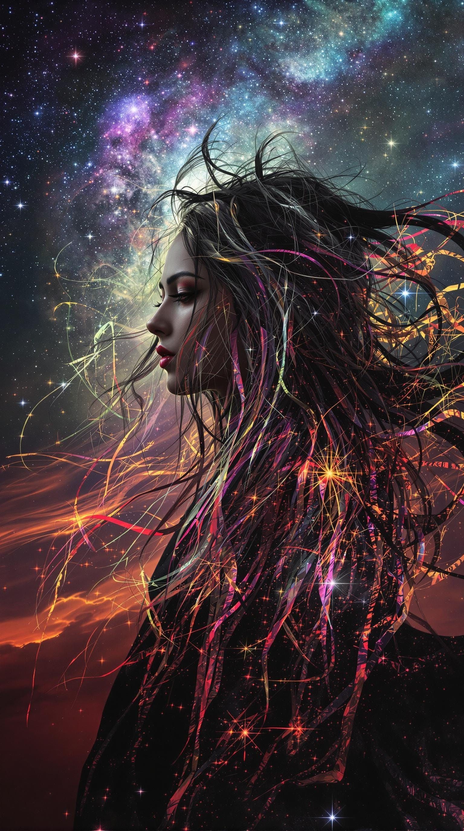Cosmic Dark Goddess with Enchanting Long Hair