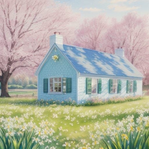 Impressionist Watercolour Spring Scene with Easter Egg House
