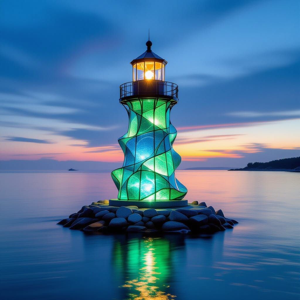 Emerald & Sapphire Glass Lighthouse on Calm Sea