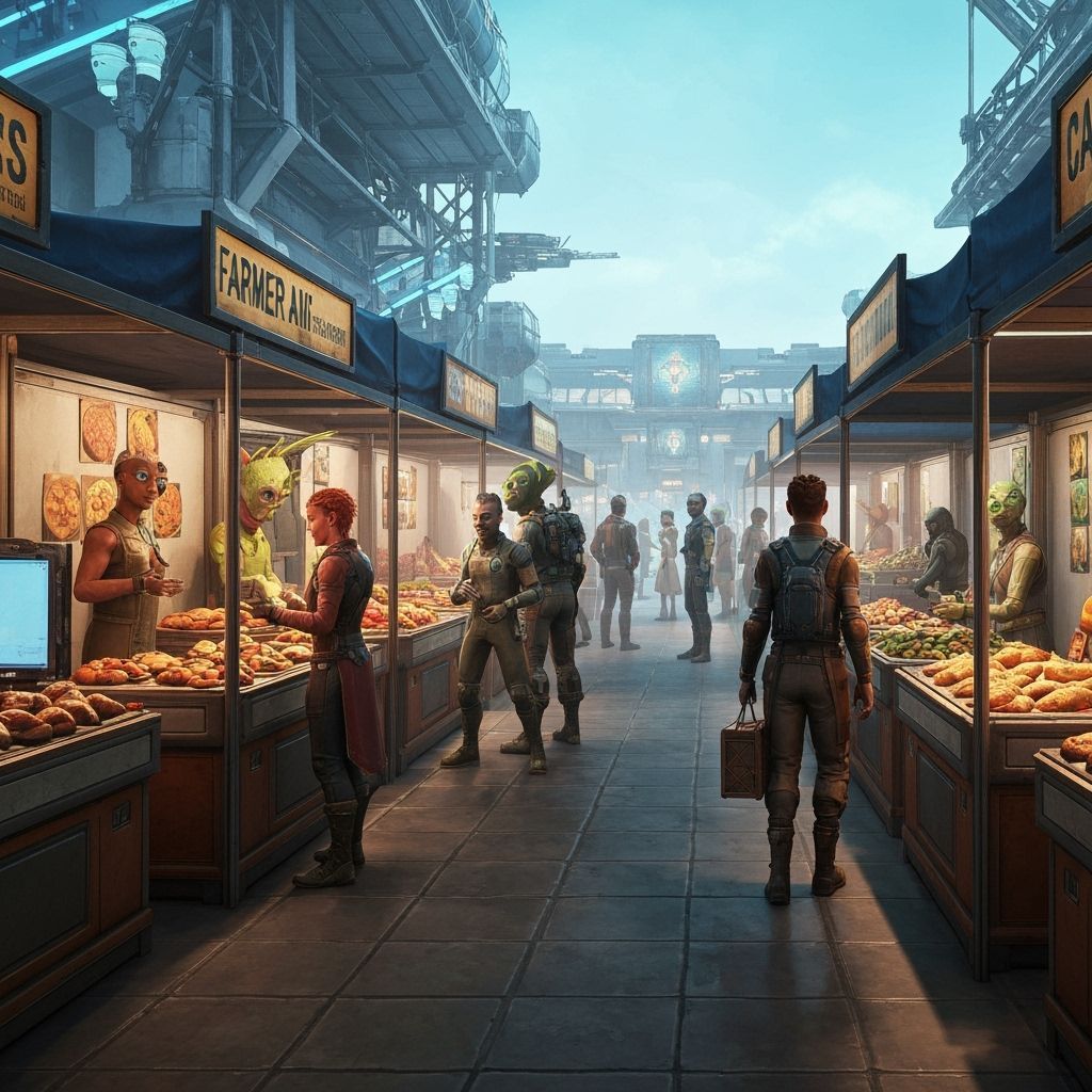 Vibrant Alien Farmer's Market in 3D Game Style