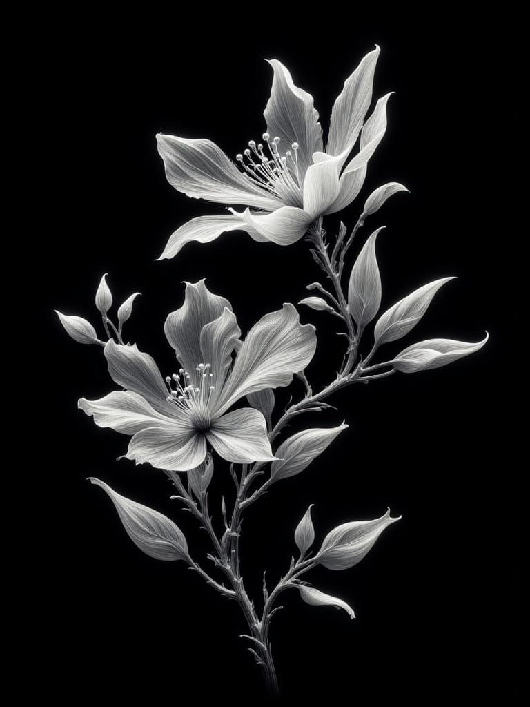 Monochrome Flowering Branch in Digital Art Style