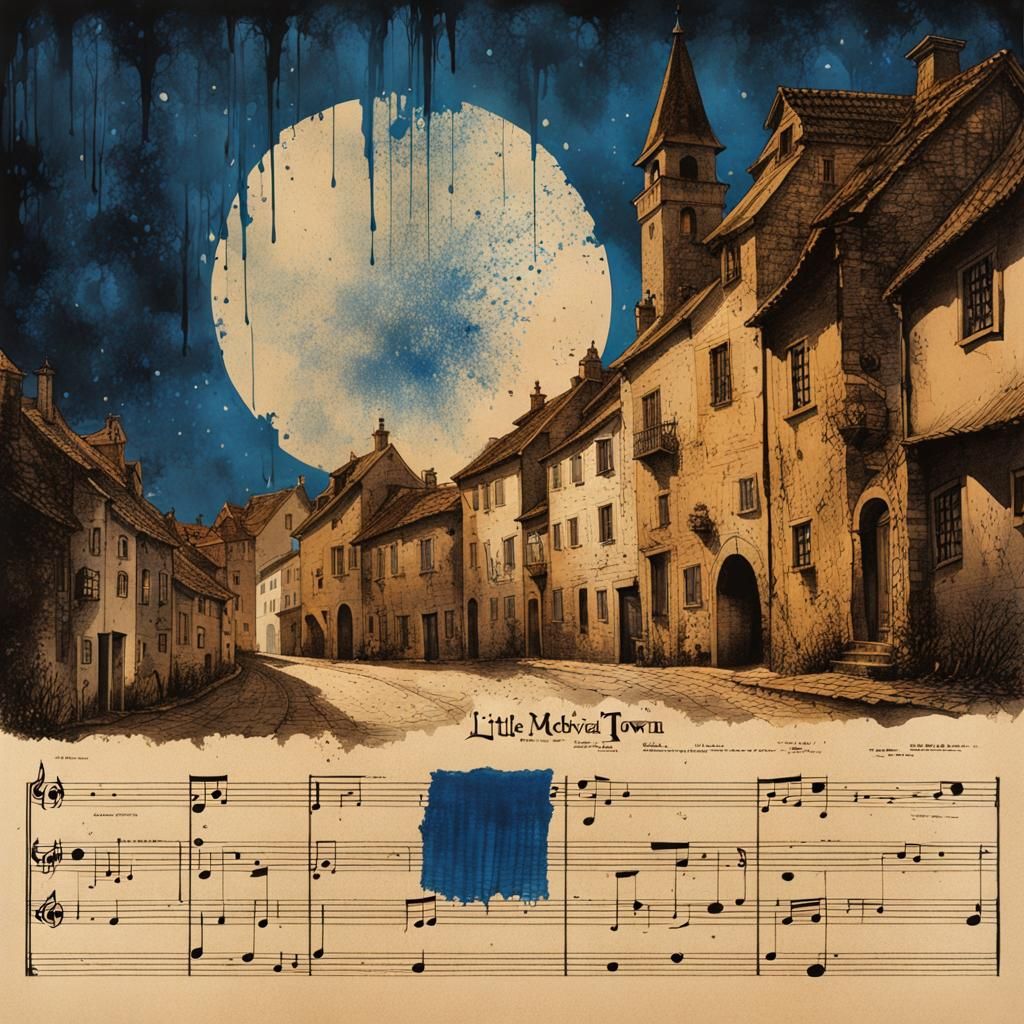 Medieval Town Ink Drawing with Collage Elements