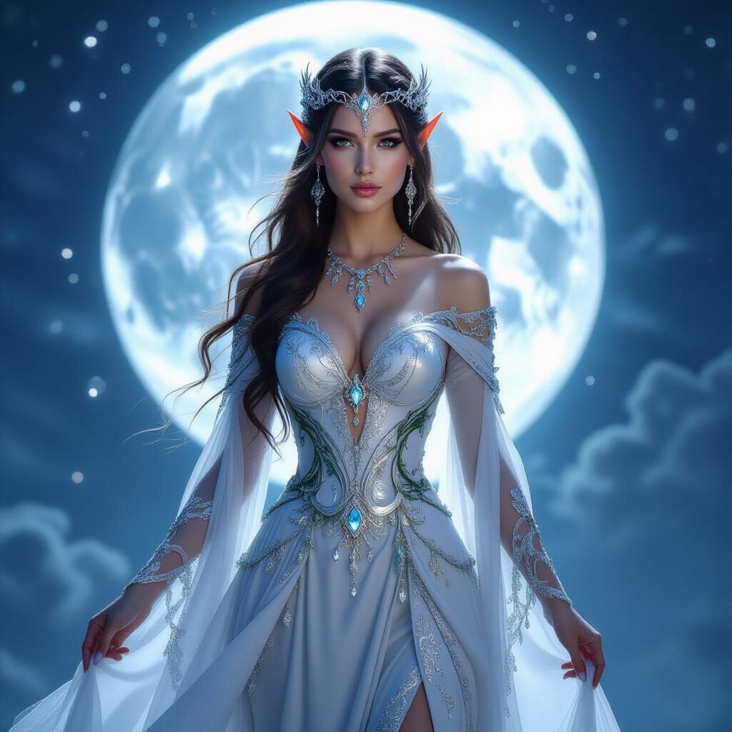 Elven Queen in Silver Gown Under Moonlit Sky
