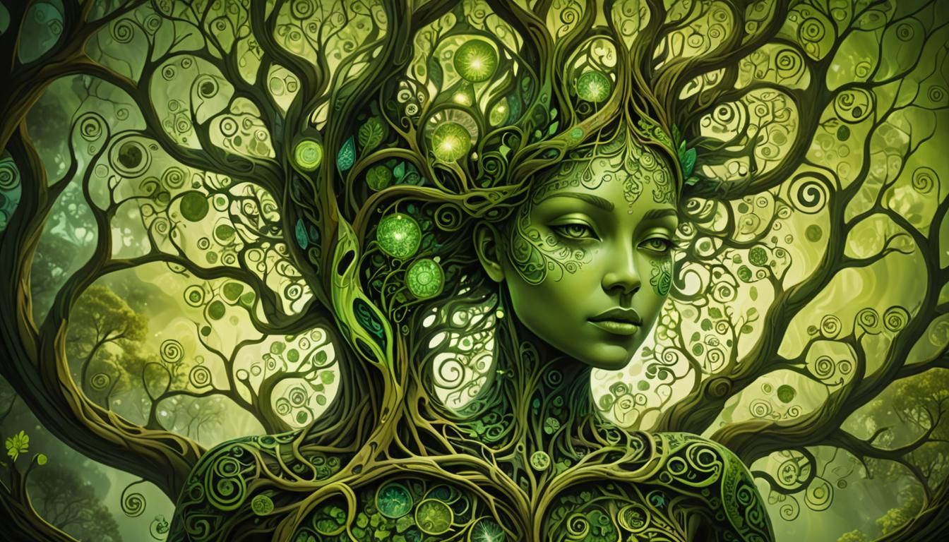 Nature Goddess Surrounded by Trees in Surrealist Style
