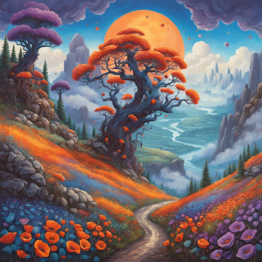 Whimsical Landscape of Vibrant Poppies in Dreamlike Colors