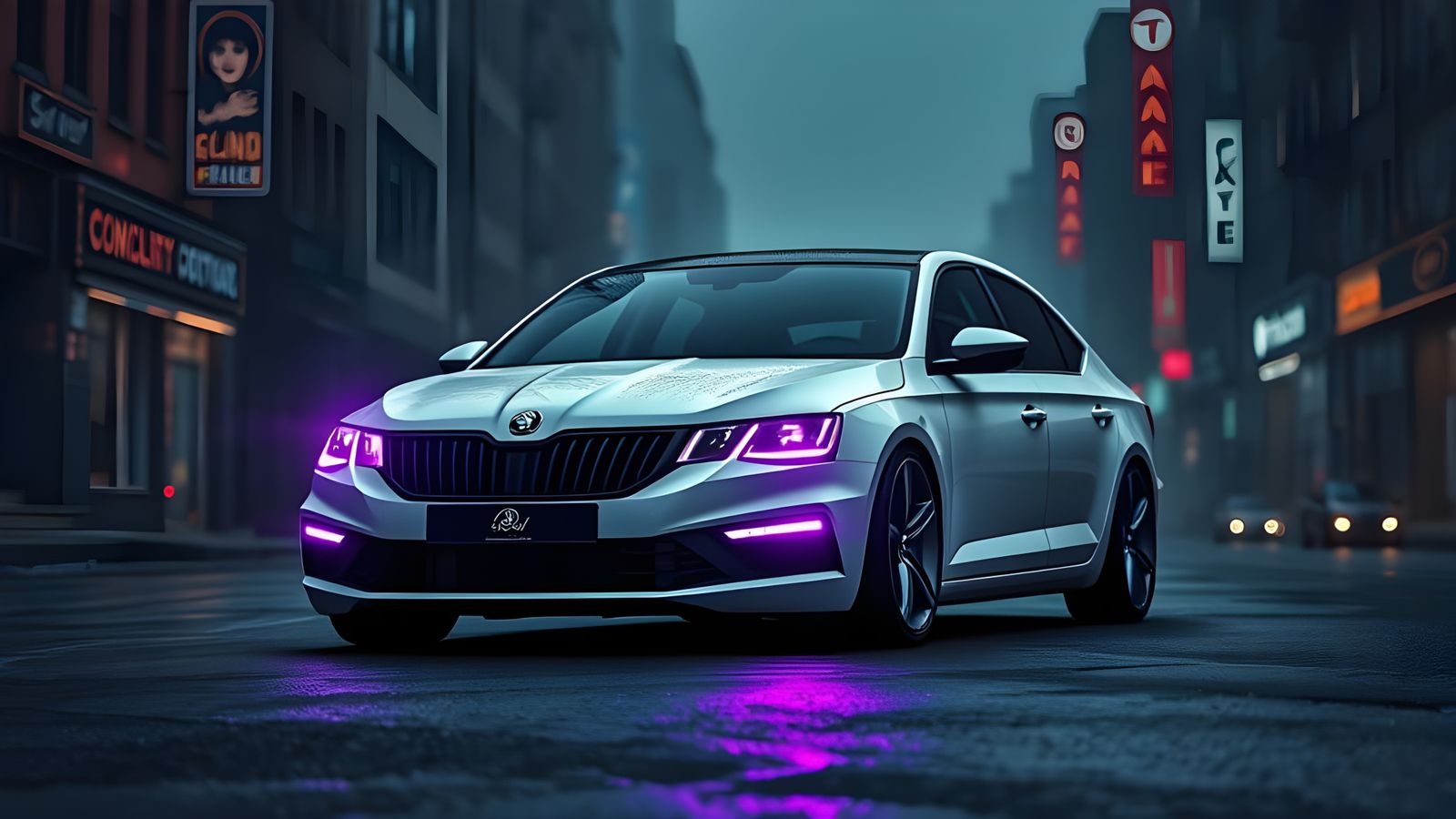 Low-Rider Škoda Octavia in Neon-Lit Abandoned City