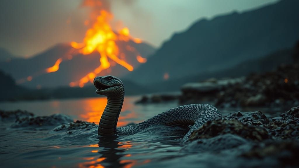 Primitive Prehistorical Water Snake Emerges onto Volcanic La...