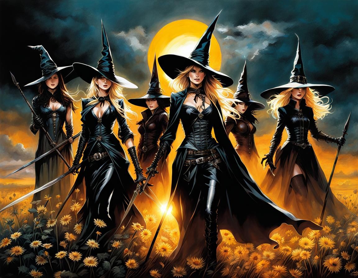Witches' Coven Celebrates Sunrise Among Wildflowers