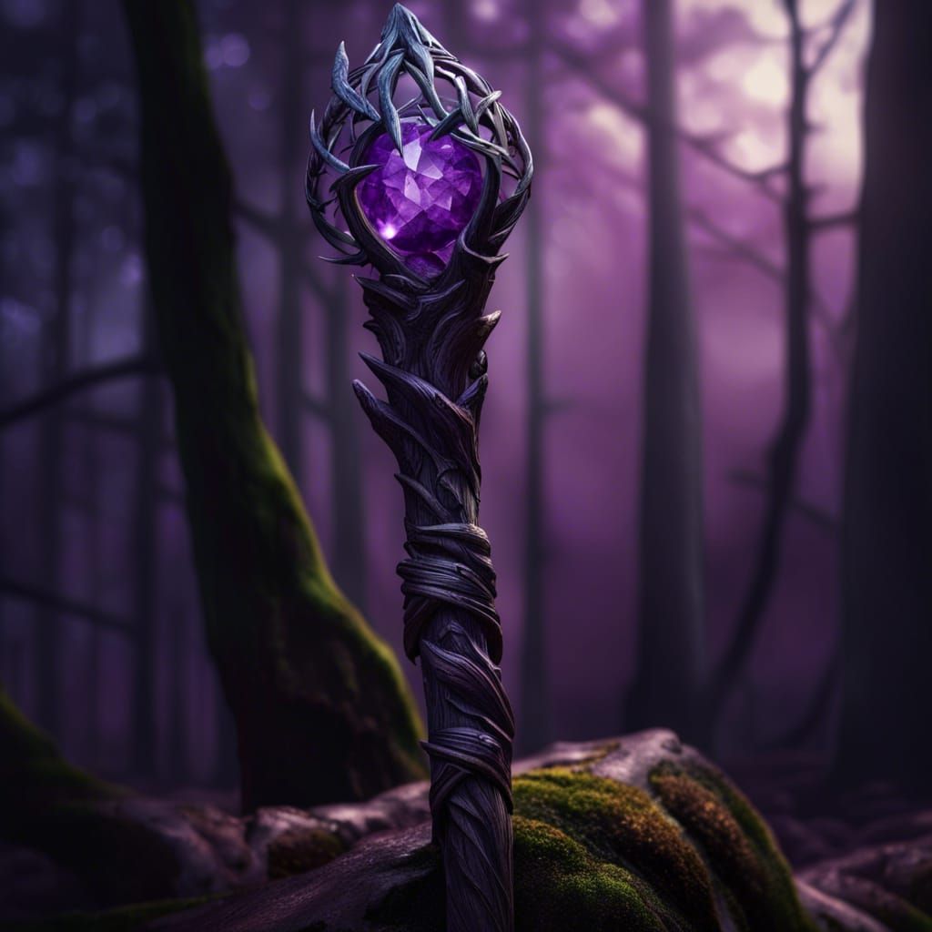 Druidic Staff with Purple Crystal in Dark Fantasy Art