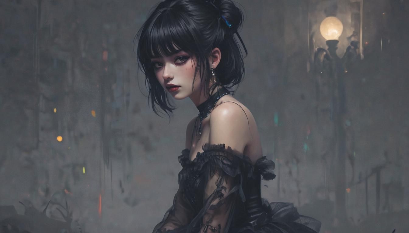 Anime Goddess in Dark Party Attire by Night