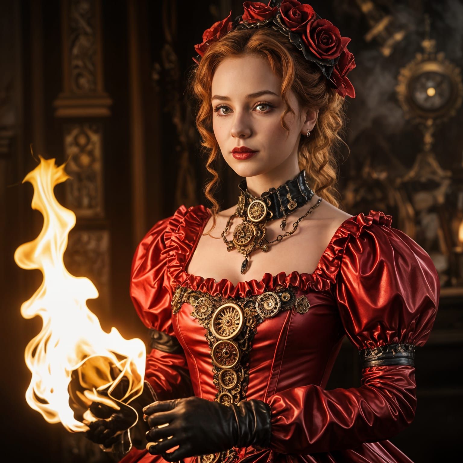 Fire Red Rococo Steampunk Southern Belle in Flames