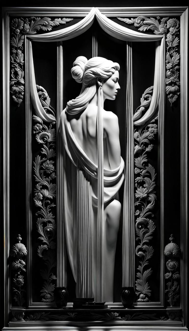 High Relief Sculpture of Woman in Marble and Onyx
