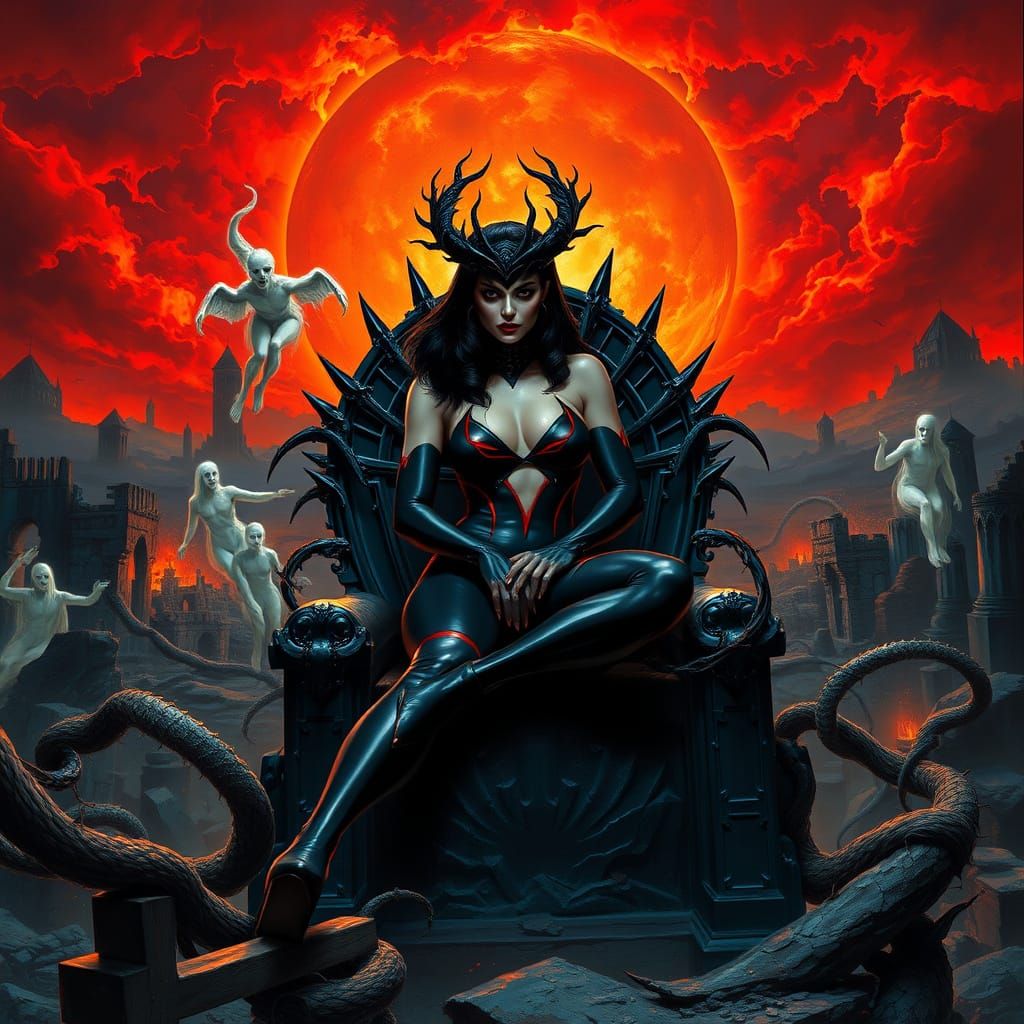 Ethereal Vampirella Reigns on Obsidian Throne in Dark Fantas...