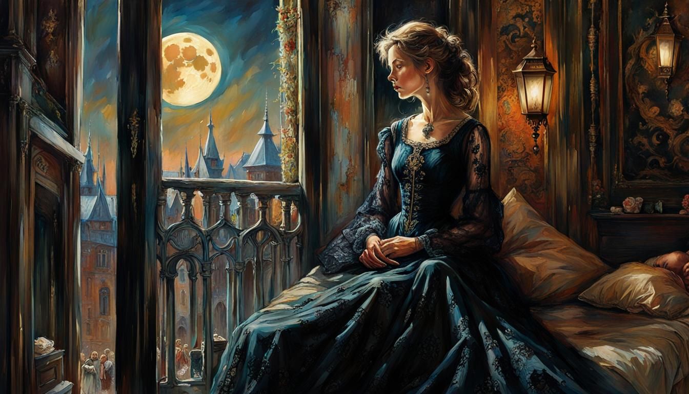 Ornate Woman in Doorway of Medieval Bedroom