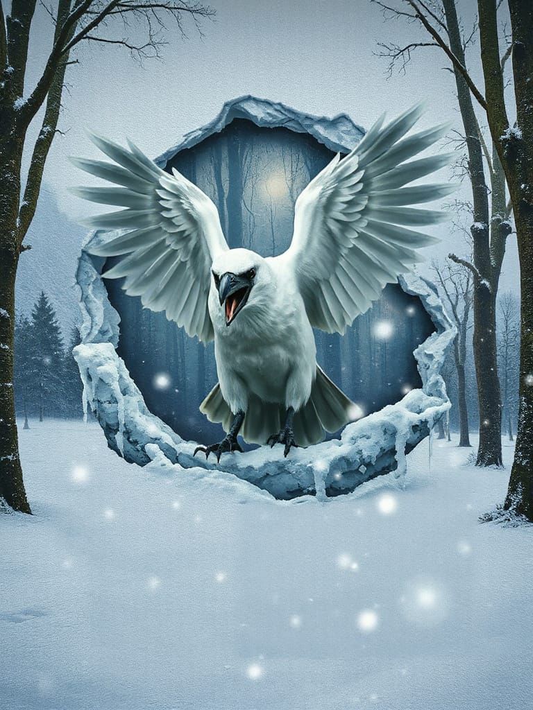 Pale Winter Raven Emerges From Mural Art