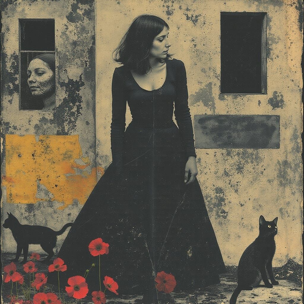 Resilient Woman in War-Torn Street with Poppies