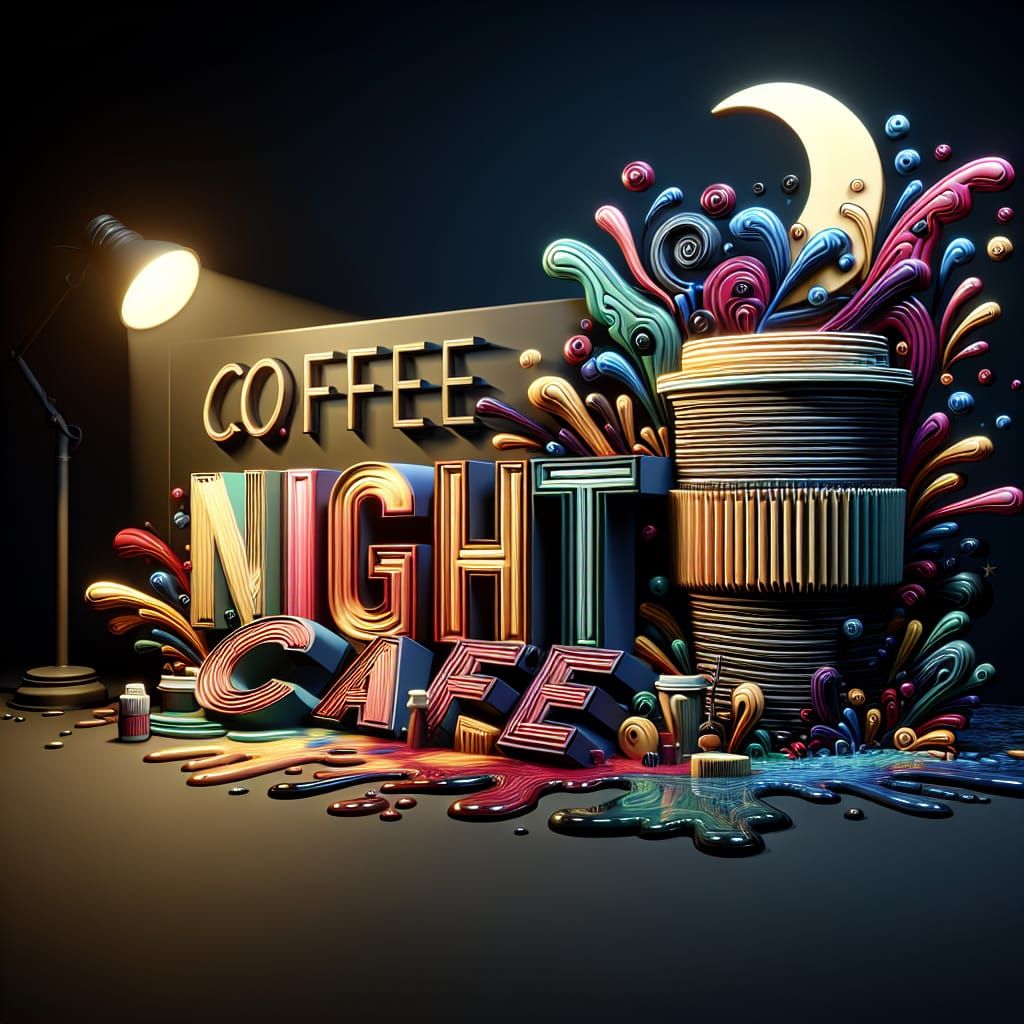 Hyper-Realistic 3D 'Night Cafe' Logo in Splash Art Style