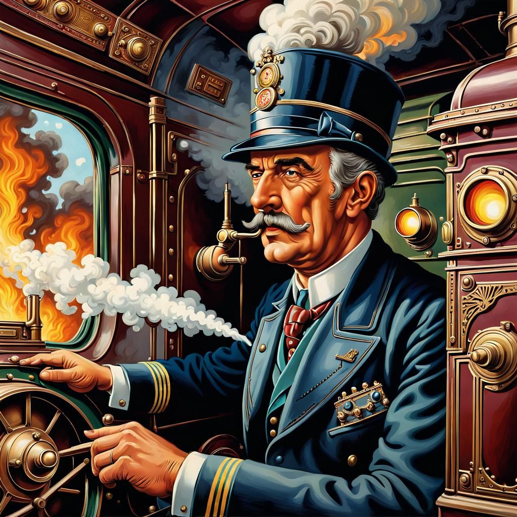 Nostalgic Train Conductor in Hyperdetailed Airbrush Art