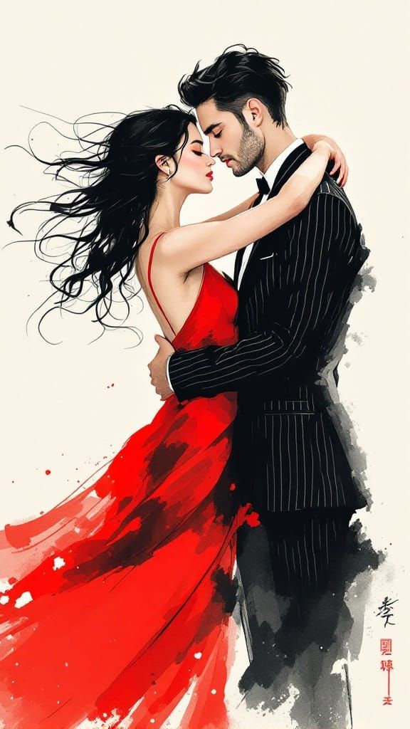 Elegant Couple in Japanese-Inspired Red and Black