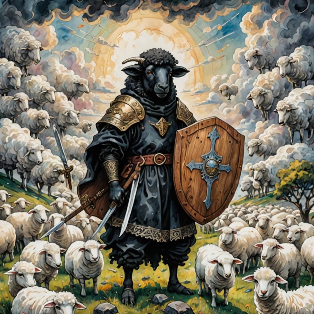 Black Sheep Warrior in Watercolour Cartoon Style