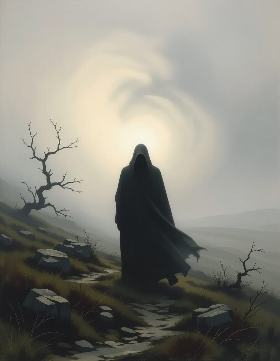 Atmospheric Figure on Windswept Moor in Swirling Mist