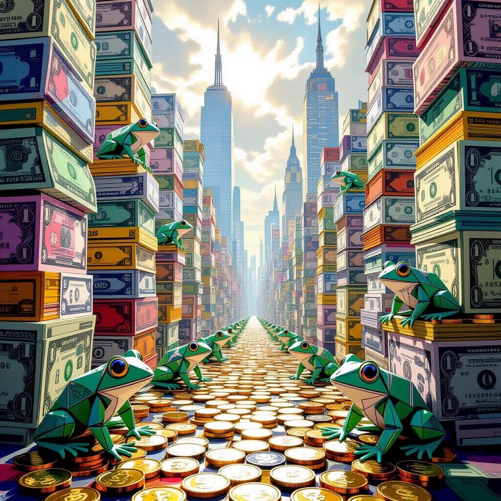 Surreal City of Money with Origami Frogs