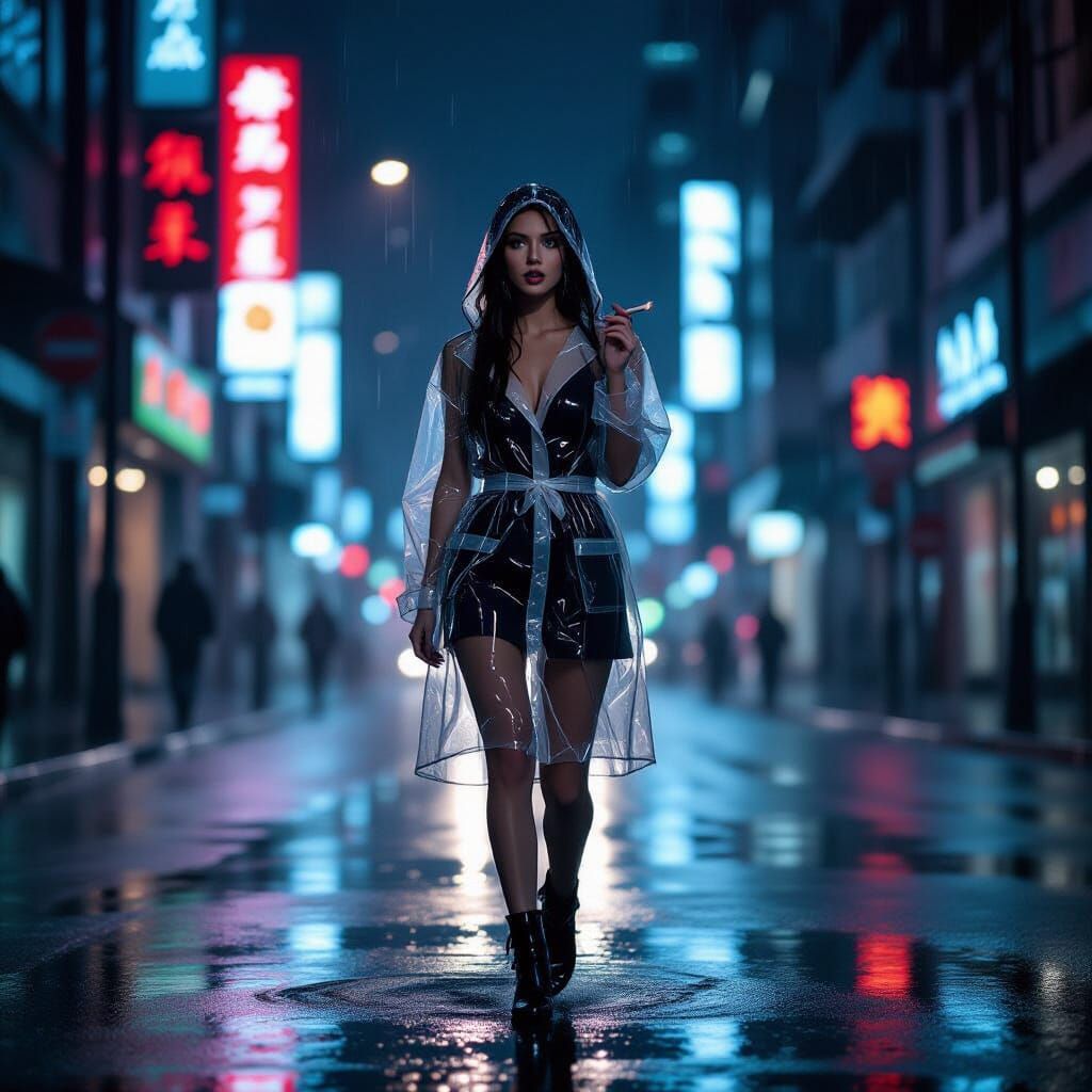 Woman in Transparent Raincoat in Rainy Cityscape