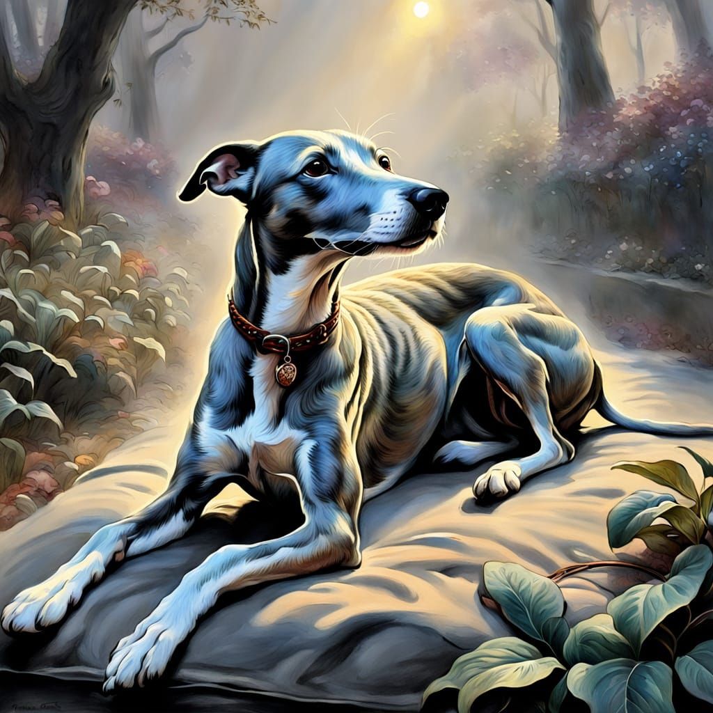 Whippet Dog Reading Book in Impressionist Gouache Style