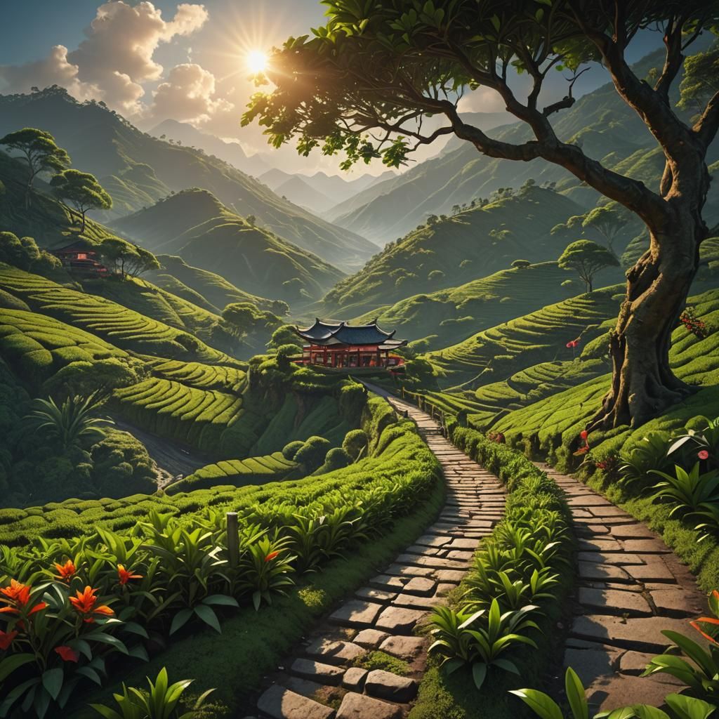 Sunrise Over Tea Plantation: Detailed Matte Painting