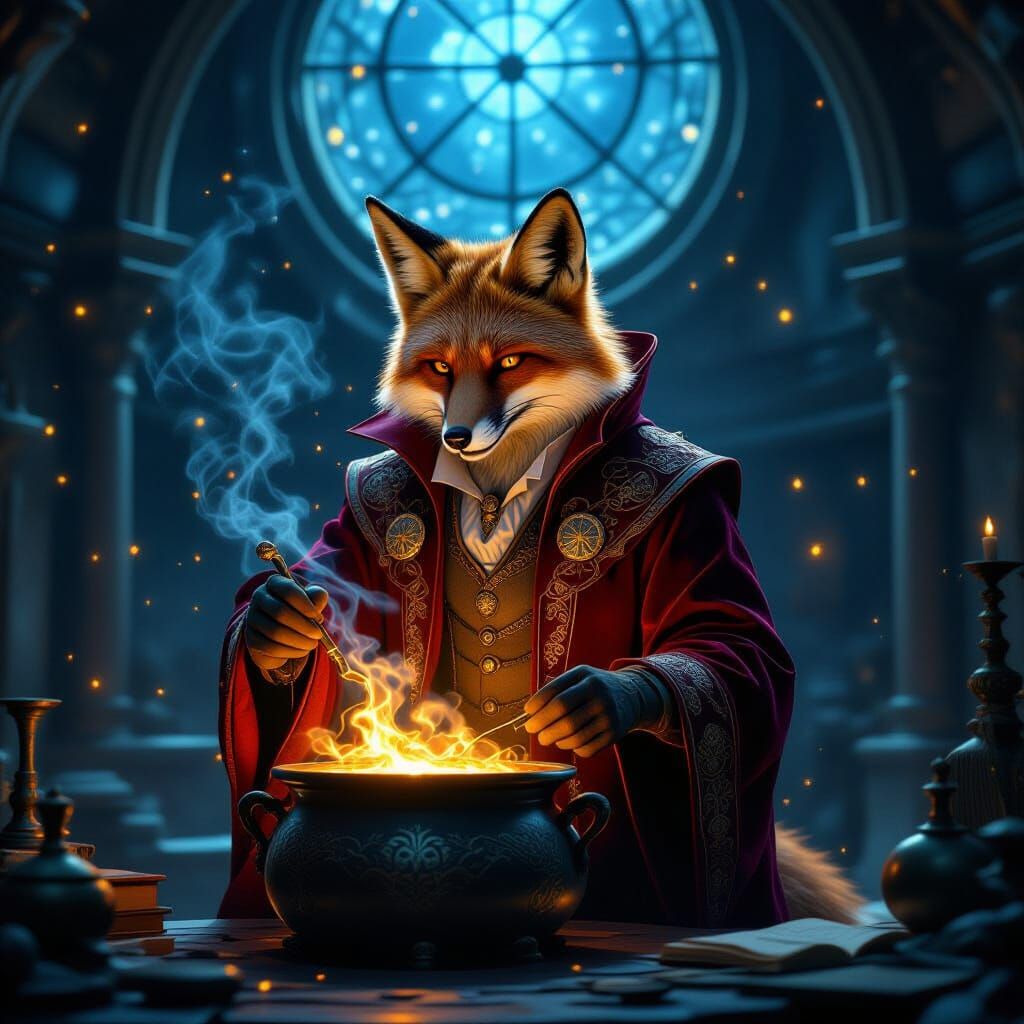 Fox Alchemist in Observatory, Celestial Symbols, Fantasy Art