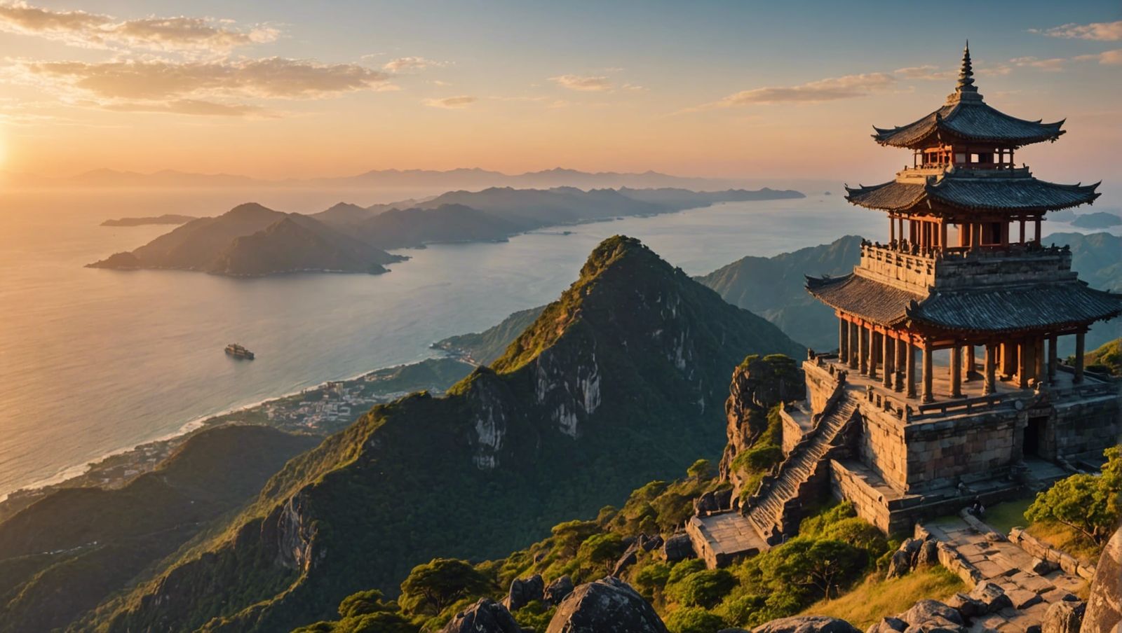 Mountain Temple Overlooking Ocean at Sunset