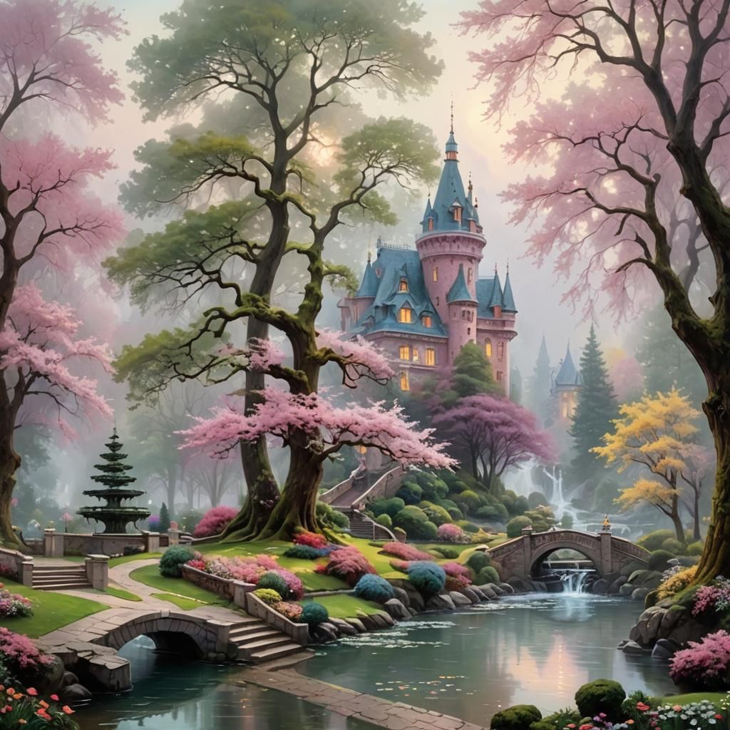 Pink Marble Palace in Misty Park: Fantasy Art