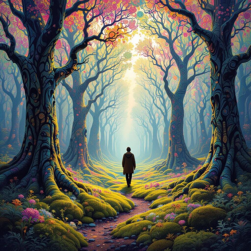 Psychedelic Forest Wanderer in Vibrant Dreamscape