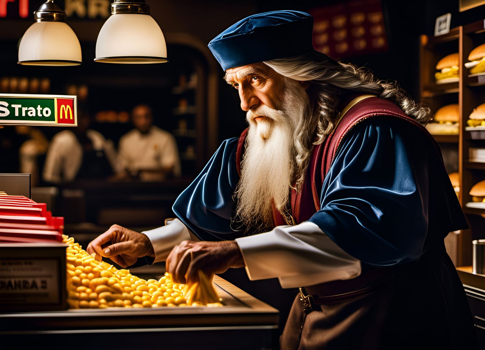 Hyperrealistic Leonardo Da Vinci as McDonald's Cashier