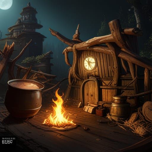 Dark Fantasy Witch in Forest Cabin