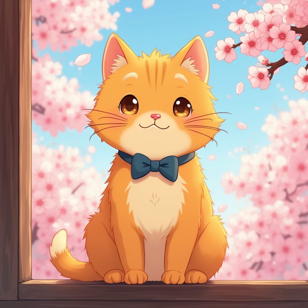 Anime Orange Cat with Cherry Blossoms
