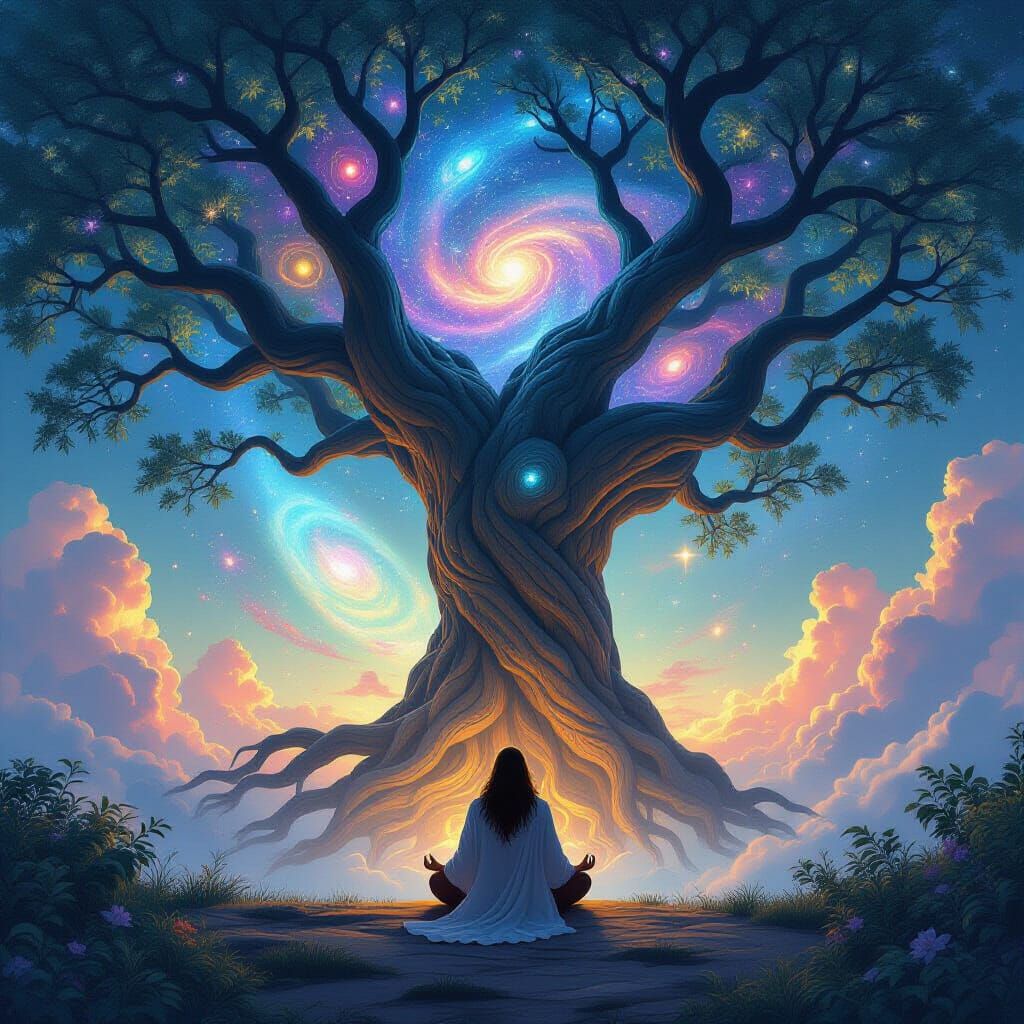 Meditating Figure on Cosmic Ancient Tree