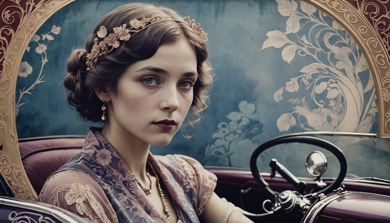 Nostalgic Driver in Roadster: Cyanotype Art Nouveau Portrait