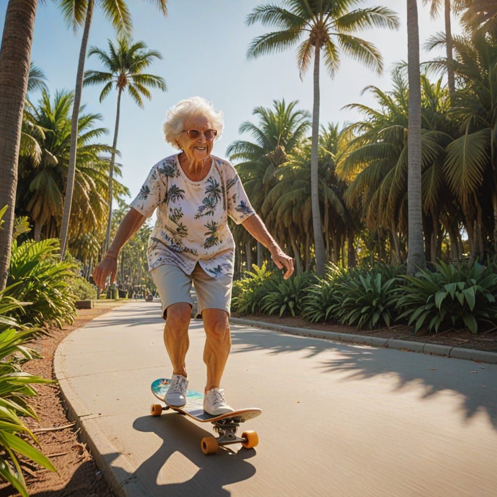 Grandma Skateboarding in Beachside Park: Impressionist Digit...