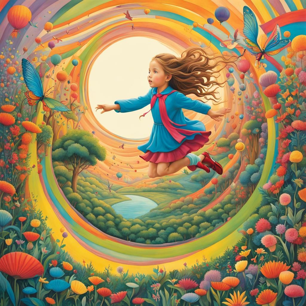 Fairytale Girl Running in Enchanted Landscape Illustration