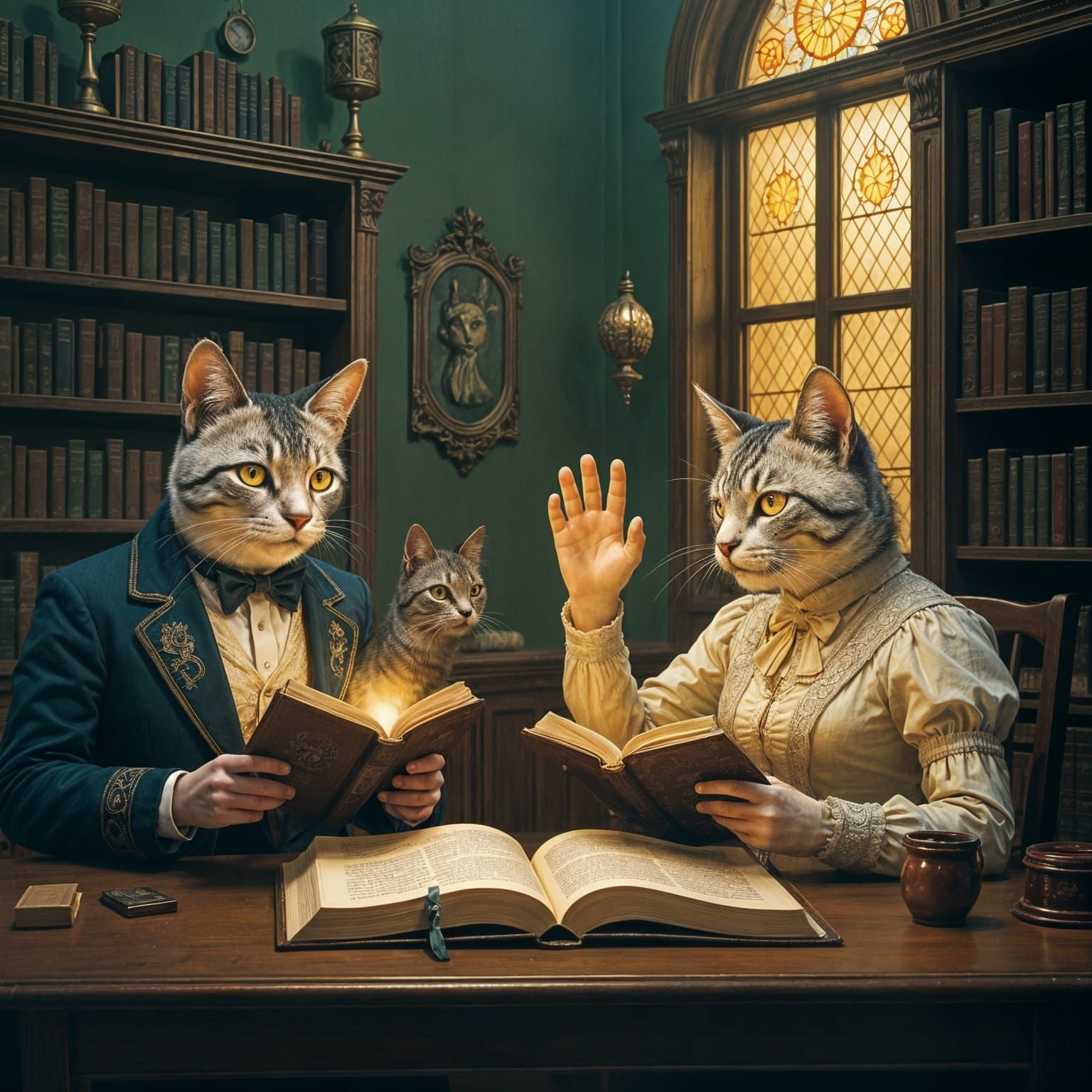 Anthropomorphic Cats in Enchanted Library: Victorian Era