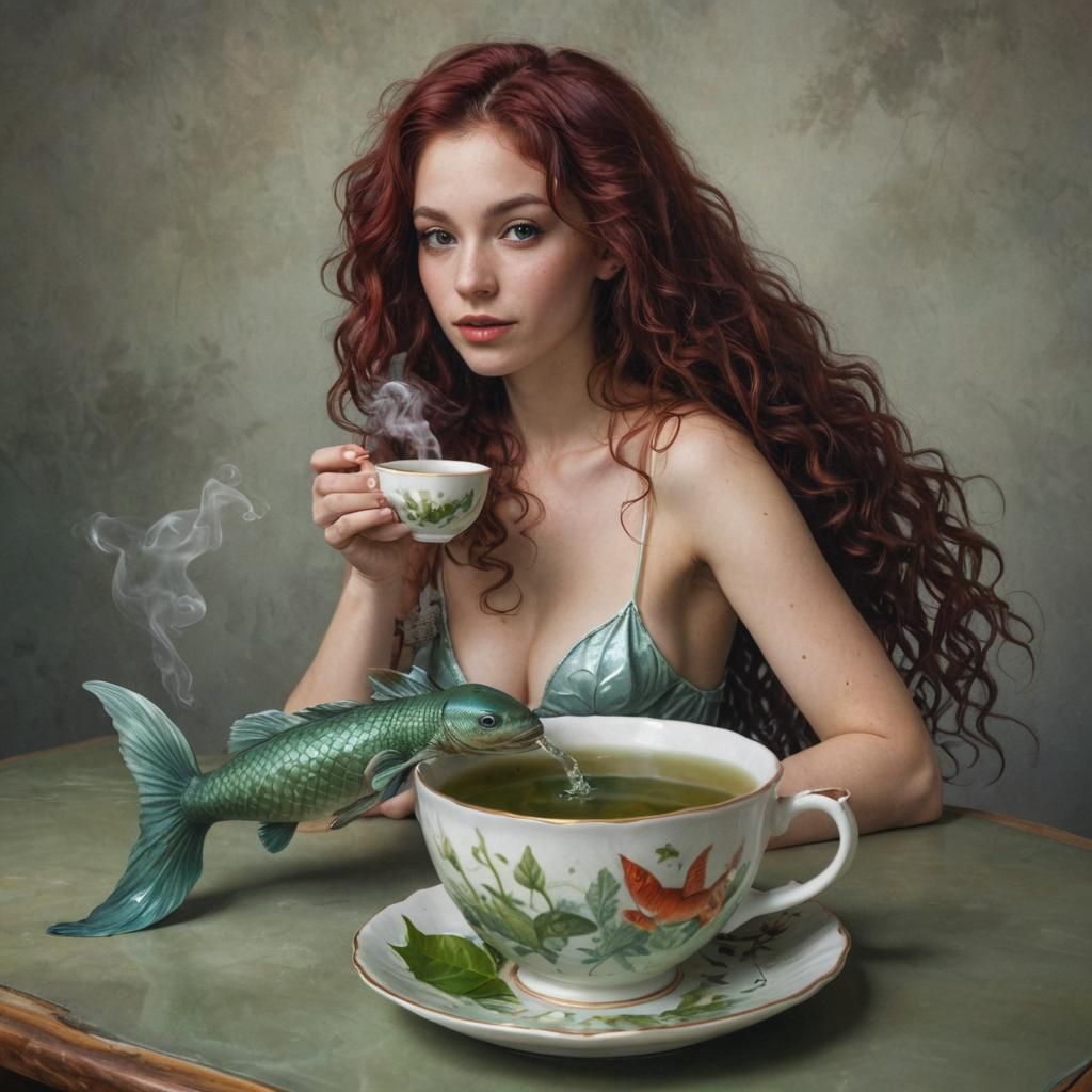 Mermaid Warms Up in Steaming Teacup