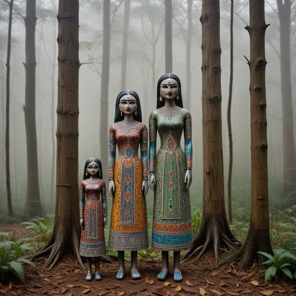 Thoughtful Family Portrait in Madhubani Painting Style with ...