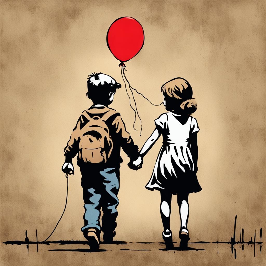 Banksy Style Whimsical Drawing of Children