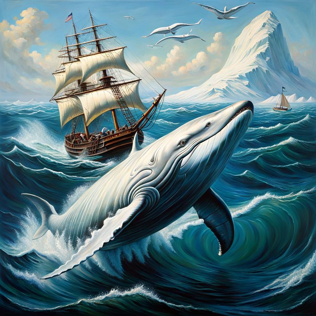 Dramatic Albino Whale Hunt in Detailed Oil Painting