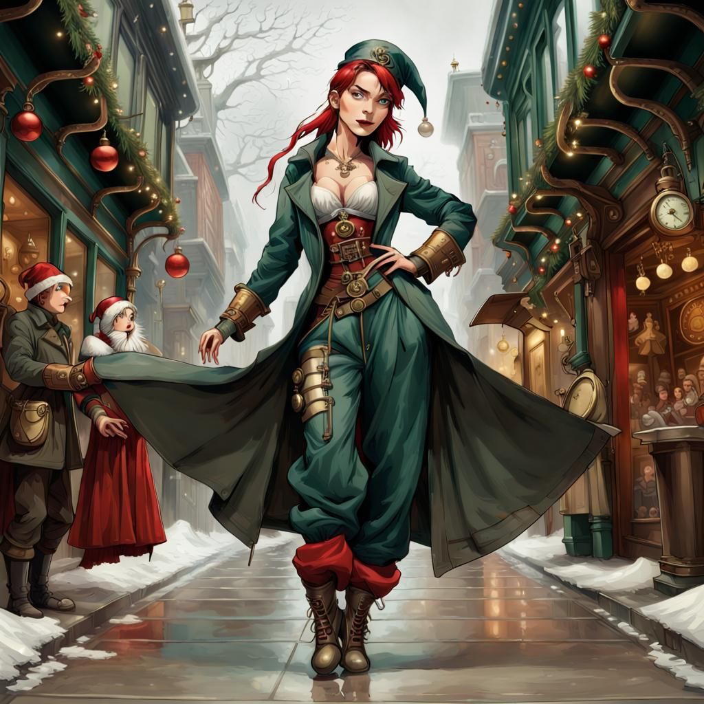 Steampunk Elf Princess Dancing in Winter Trench Coat