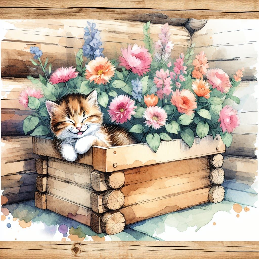 Kitten in Flower Box Watercolor Illustration