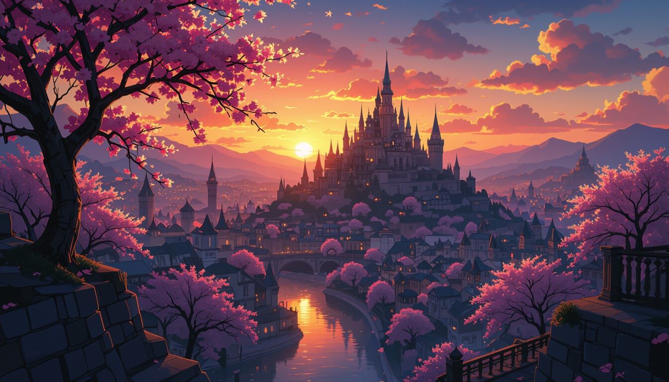 Manga Fantasy City at Sunset, Cel-Shaded Style