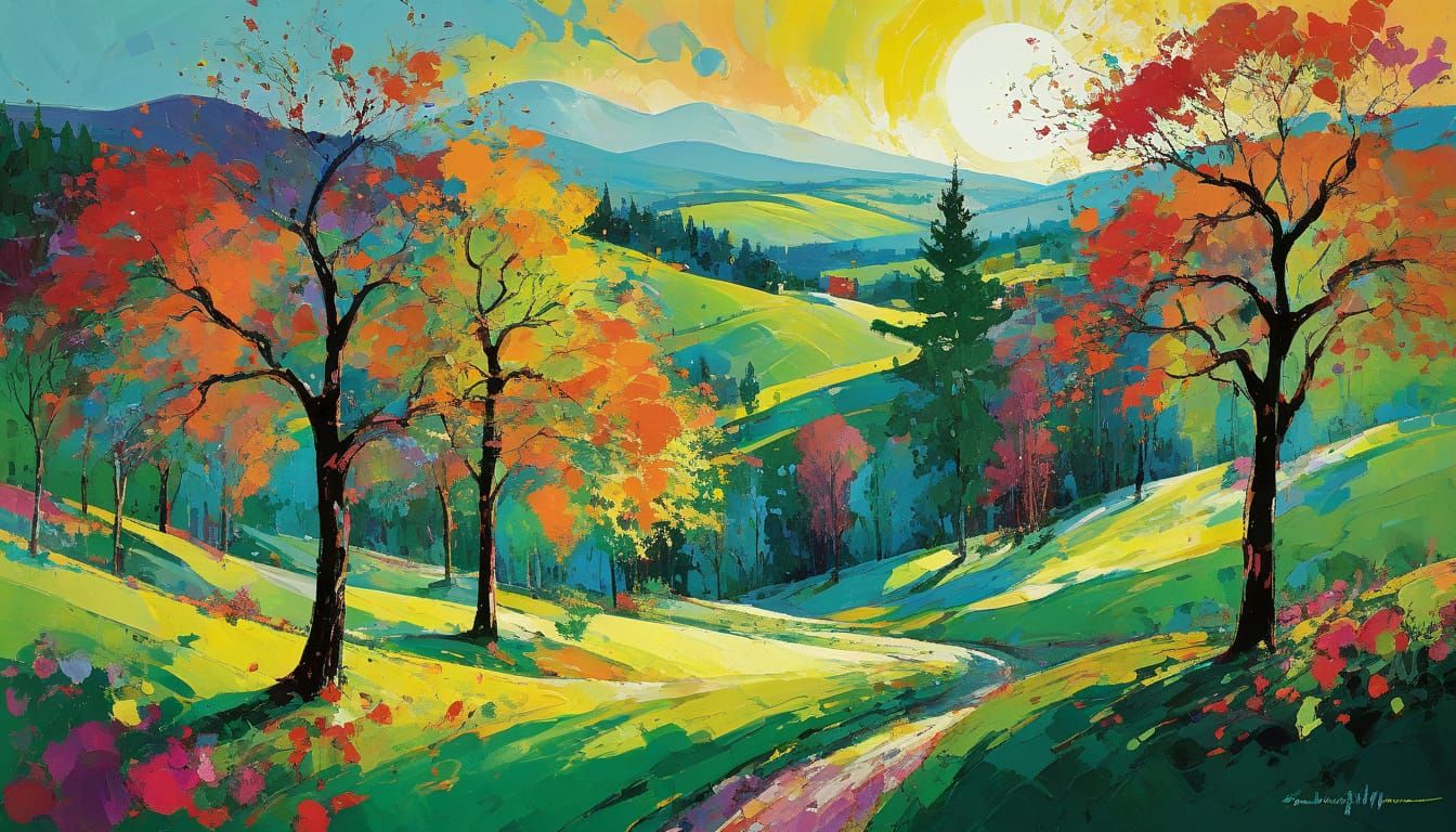 Vibrant Spring Landscape with Swirling Trees and Sun